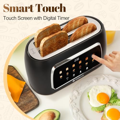 Tesslux 4 Slice Toaster, Touchscreen, 1.5" Long Wide Slot, 1300W, Black - color: Black