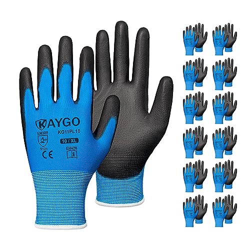 KAYGO Safety Work Gloves for Men Women, PU Coated Palm & Fingers, KG11P - color: Blue, size: X-Large
