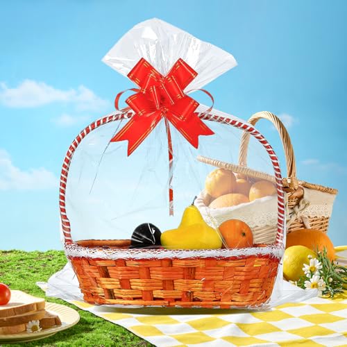 UltraOutlet 50 Packs Large Cellophane Bags 18" x 24" Clear Cellophane Gift Basket Wraps 2.3 Mil Thick Clear Cello Bags for Fruit Basket, Gift Wrap, Treats, Arts and Crafts, 50ct Red Ribbon Bows - color: Clear/Red, size: 1 Count (Pack of 50)
