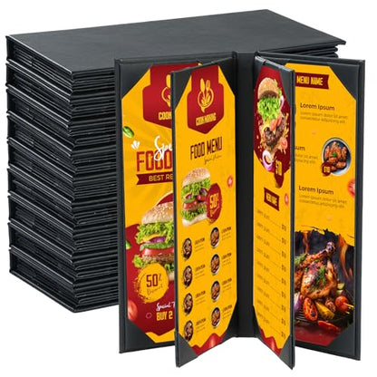 NATGAI 10 Pack 6 View Restaurant Menu Covers 4.25" x 11", PU Leather Menu - size: 6 View, 4.25"x11"