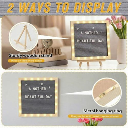 10 x 10 Inches Felt Letter Board & LED Light, Gray, Natural Wood - color: Gray, size: 10 x 10 Inches, style: Natural Wood