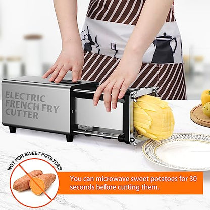 SIXRARI Electric French Fry Cutter, 1/2 & 3/8 Inch Interchangeable Stainless Steel Blades Automatic Potato Cutter, Commercial & Household Potato Slicer, Use for Potatoes Onion Cucumbers - color: Silver