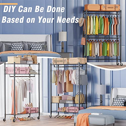 Homdox Double Rod Closet 3 Shelves Wire Shelving Clothing Rolling Rack Heavy Duty Garment Rack with Wheels and Side Hooks - color: Black, size: 17.72"D x 47.24"W x 80.71"H