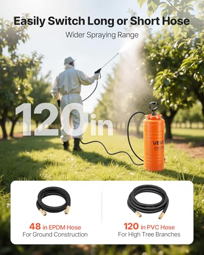 VEVOR Industrial Concrete Sprayer, 3.5 Gallon Stainless Steel Sprayer, Heavy Duty Tri-Poxy Pump Sprayers, 20.5"Wand with Ergonomic Gun Handle, 48"& 120"Hose, 2 Brass Nozzles for Construction, Garden - size: 3.5 Gal Basic