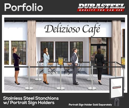 DuraSteel Chrome Crowd Control Barriers Stanchions with Retractable Belts - Metal Stanchion Posts w/ 6.5ft Black Retractable Barrier Belt Ropes - Queue VIP Safety Line Dividers - Set of 2 Stantions - color: Black Belt, style: Silver Stanchion 2 Pcs Set