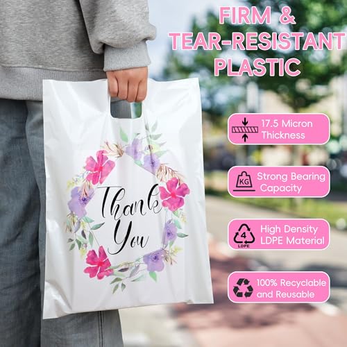 Floral Thank You Bags for Business Small, 100 PCS 12x15 Plastic Bags - color: 100 Pack Floral Thank You Bags