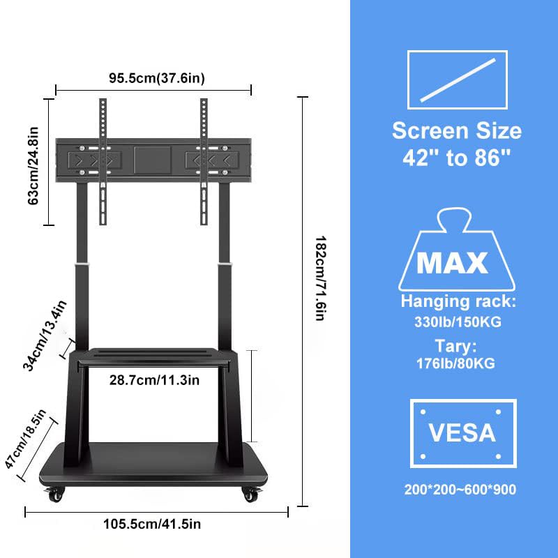 Hellsehen Mobile TV Cart,Rolling TVs Cart on Wheels Height Adjustable Heavy-Duty Floor Stand Base for 42-86 Inch LCD LED OLED Flat Panel Screens Smartboard Movable Holds up to 176lbs with Shelf - size: 42"-86"