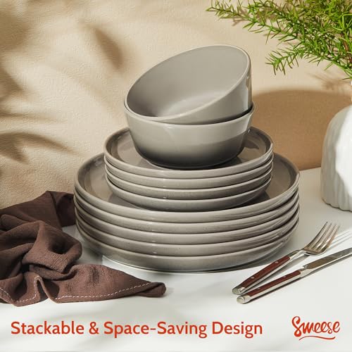 Sweese Porcelain Dinnerware Sets, Handpainted Plates and Bowls Set for 6, Scratch Resistant Dinner Set, Dishwasher and Oven Microwave Safe Dishes Set, Graphite Gray - color: Graphite Gray