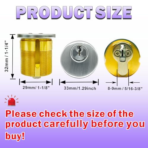 2Pcs Brass Mortise Door Cylinder Locks Keyed Alike with 4 SC Keyway Keys - size: 1 1/4 inch
