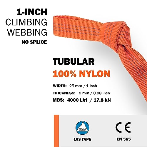 GM CLIMBING 1 inch Nylon Tubular Webbing Tape CE UIAA Certified 4000lb Heavy Duty for Climbing Rescue Rope Works Survival Outdoor General Purposes - color: Orange, size: 30 ft