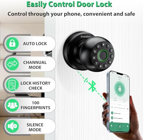 Smart Door Knob Fingerprint Lock 4-in-1 Keyless Entry (Fingerprint/App/Code/Key) Biometric Door with Auto-Lock Easy Install for Home/Bedroom/Office-Black - color: Black