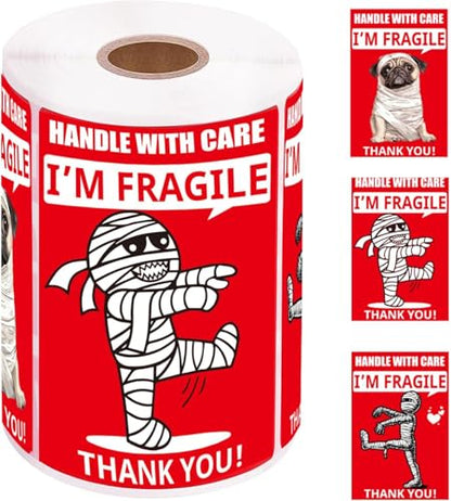 4x6 Inch Large Fragile Stickers 100pcs - Funny Mummy & Dog Design, Permanent Adhesive, Handle with Care Labels for Shipping Boxes - style: Large Fragile Stickers