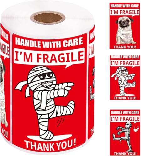 4x6 Inch Large Fragile Stickers 100pcs - Funny Mummy & Dog Design, Permanent Adhesive, Handle with Care Labels for Shipping Boxes - style: Large Fragile Stickers