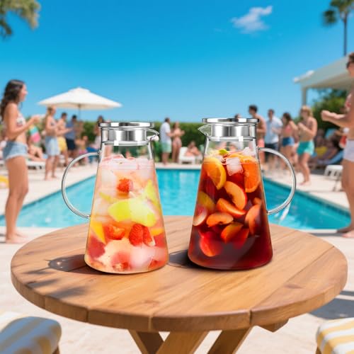 Nicunom 2 Pack 68 oz Glass Pitcher with Lid, BPA-Free Glass Water Jug Carafe Heat Resistant Ice Tea Pitcher for Juice, Sangria, Lemonade, Milk, Coffee, Cold and Hot Beverages, 2 Pcs Brush Included