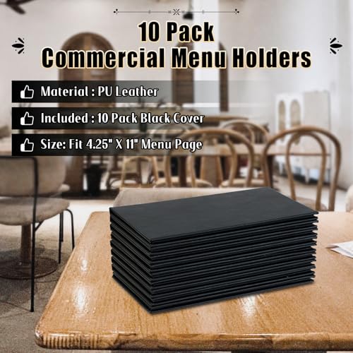 Restaurant Menu Covers Holders 4.25" x 11" | Pack of 10 Synthetic Leather Quad Fold Panels 6 View Angled Corners Black for Wine List, Drinks (10, Quad Fold Panels 6 View (4.25 x 11 inch)) - size: Quad Fold Panels 6 View (4.25 x 11 inch )