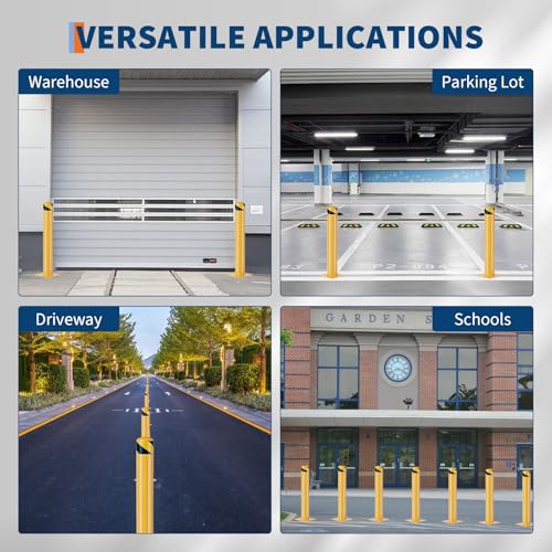 Safety Bollard,4 Packs 48 Inch Height Bollard Post, 4.5 Inch Diameter, Yellow Safety Steel Bollard Post with Anchor Bolts for Traffic Control, Driveway Barrier, Parking Pole - size: 48inch