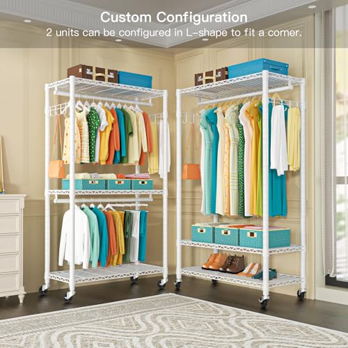 FUTASSI P1 Heavy Duty Garment Rack, 3 Tiers Adjustable Rolling Metal Closet - color: White, size: P1