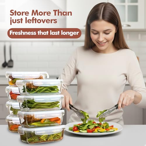 Razab 16 Pc (Set of 8) 30 Oz Glass Meal Prep Containers with Lids, Airtight Large Glass Food Storage Containers, Reusable Leak Proof BPA Free, Freezer to Oven and Dishwasher Safe - color: White