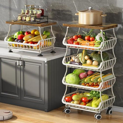 SAYZH 5-Tier Fruit and Vegetable Basket Stand for Kitchen, Wood Top, White - color: White, size: 5 Tiers