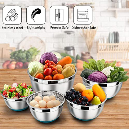 LIANYU Metal Nesting Mixing Bowls Set of 6, Size 7, 3.5, 2.5, 2, 1.5, 1QT - color: Dark Blue, style: Anchor Base with Airtight Lids