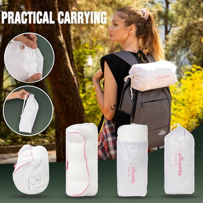 alkamto Travel & Camping Comfortable Memory Foam Pillow – Easy to Carry Portable Bag – Temperature Regulating Pillow Case - size: 13.7 x 11.8 x 3.9 / 3.14 In - Pink + Extra Cover