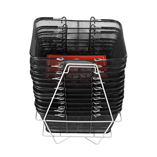 Retail Shopping Baskets, 12PCS Shopping Baskets with Handles and Stand, Metal Shopping Basket, Portable Wire Shopping Basket, Black Wire Mesh Shopping Basket Set for Stores Shopping, Grocery