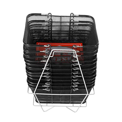 Retail Shopping Baskets, 12PCS Shopping Baskets with Handles and Stand, Metal Shopping Basket, Portable Wire Shopping Basket, Black Wire Mesh Shopping Basket Set for Stores Shopping, Grocery