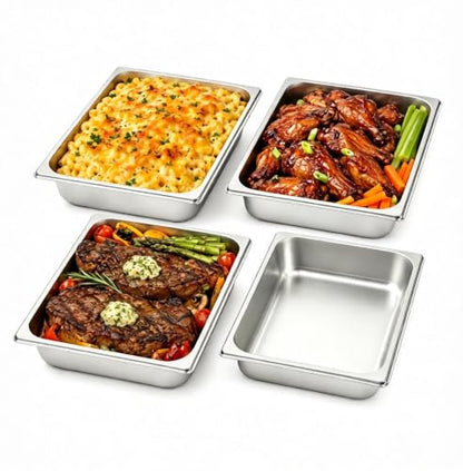 4 Pack Half Size Hotel Pan, 1/2 Size 2.5 Inch Deep Stainless Steel Steam Table Pan, Stackable Steam Pan, Half Pans for Chafing Dishes, Breading Trays for Home, Party, Hotel, Buffet