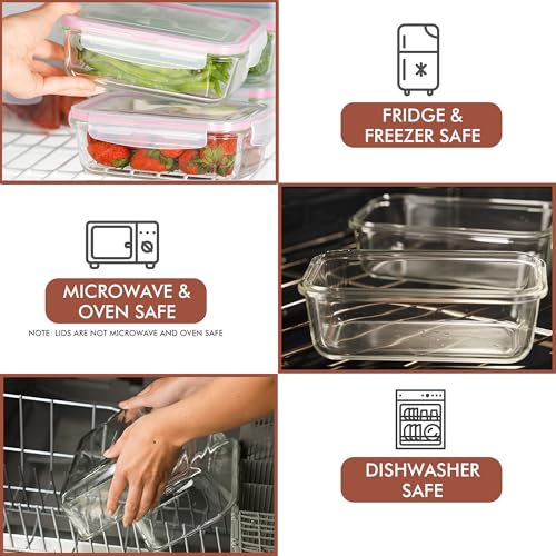 Razab 16 Pc (Set of 8) 30 Oz Glass Meal Prep Containers with Lids, Airtight Large Glass Food Storage Containers, Reusable Leak Proof BPA Free, Freezer to Oven and Dishwasher Safe - color: Pink