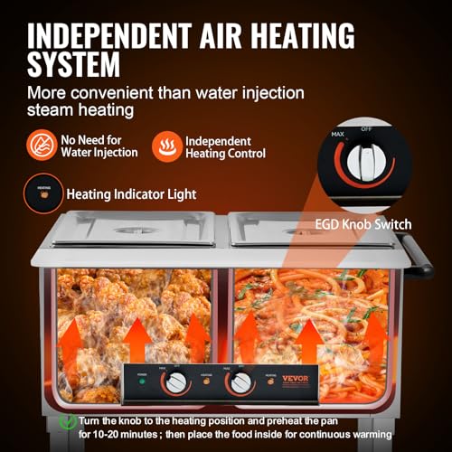 VEVOR 2-Pan Commercial Food Warmer, 2 x 20.6QT Electric Steam Table, 1000W Professional Buffet Catering Food Warmer with 4 Wheels (2 Lockable), Food Grade Stainless Steel Server for Party Restaurant - size: 2-Pan (41.2 QT)