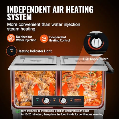 VEVOR 2-Pan Commercial Food Warmer, 2 x 20.6QT Electric Steam Table, 1000W Professional Buffet Catering Food Warmer with 4 Wheels (2 Lockable), Food Grade Stainless Steel Server for Party Restaurant - size: 2-Pan (41.2 QT)