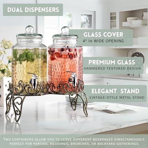 Glass Beverage Dispenser with Classy Metal Stand (Set of 2), 1.Gallon Glass Drink Dispenser with 100% Leak Proof Spigot, Party Drink Dispenser for Lemonade, Punch, Water, Juice for Parties - color: 1 Gallon 2 Pack