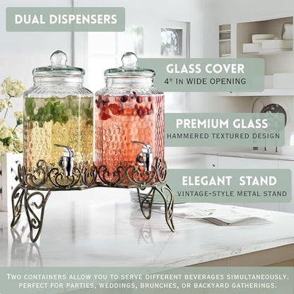 Glass Beverage Dispenser with Classy Metal Stand (Set of 2), 1.Gallon Glass Drink Dispenser with 100% Leak Proof Spigot, Party Drink Dispenser for Lemonade, Punch, Water, Juice for Parties - color: 1 Gallon 2 Pack