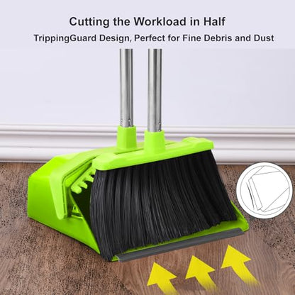 Broom and Dustpan Set for Home, 51" Long Handle Standing Pan Light Green - color: Green
