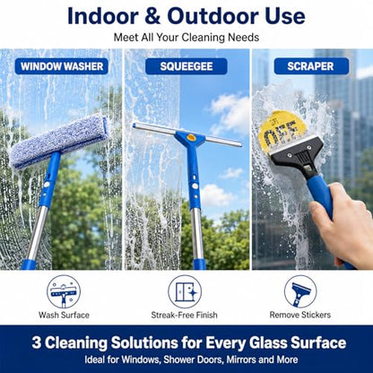 Window Cleaning Kit with Extendable Long Handle, Professional Window Squeegee & Window Washer Tool Set for Indoor Outdoor High Windows, Glass, RV & Shower Doors