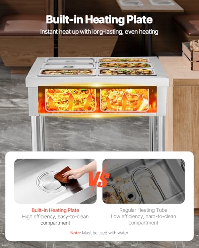 VEVOR 6-Pan Commercial Food Warmer, 6 x 1/3 Pans Electric Steam Table, 1500W Professional Buffet Catering Food Warmer with Undershelf, Stainless Steel Server for Restaurant Party Hotel - size: 6-Pan