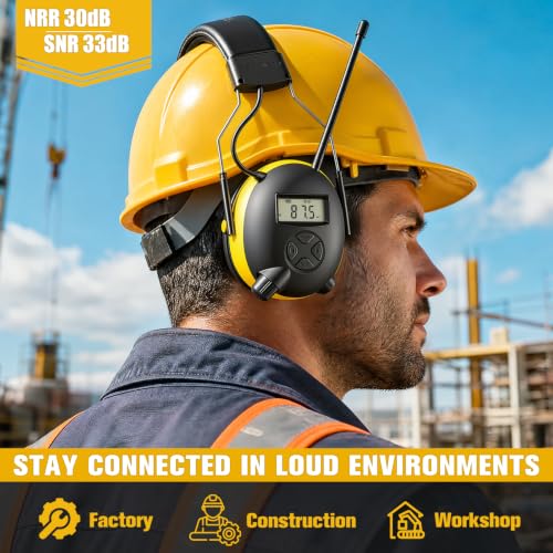 AM/FM Radio Headphones for Mowing, NRR 30dB Hearing Protection - color: Black-Yellow