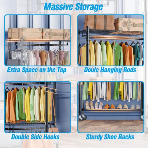 Homdox Double Rod Closet 3 Shelves Wire Shelving Clothing Rolling Rack Heavy Duty Garment Rack with Wheels and Side Hooks - color: Black, size: 17.72"D x 47.24"W x 80.71"H