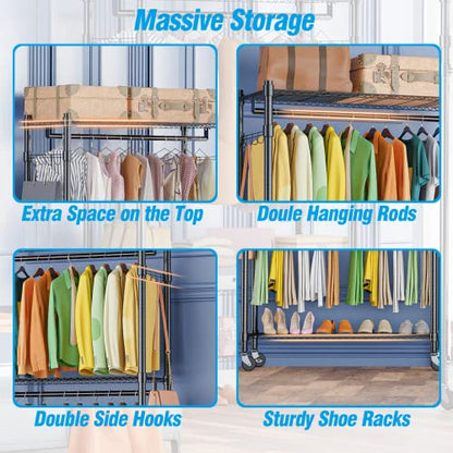 Homdox Double Rod Closet 3 Shelves Wire Shelving Clothing Rolling Rack Heavy Duty Garment Rack with Wheels and Side Hooks - color: Black, size: 17.72"D x 47.24"W x 80.71"H