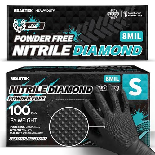 BEASTEK Nitrile Disposable Gloves, 8Mil Latex & Powder Free Chemical Resistant Heavy Duty Cooking Diamond Gloves Black 100Pcs - color: Small (Black)