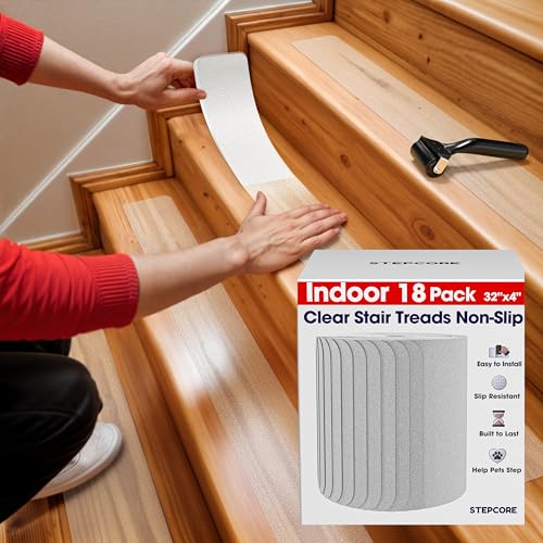 Clear Non Slip Stair Treads for Wooden Steps Indoor 32"x4" – 18-Pack Peel Stick Stair Treads – Self Adhesive Transparent Step Covers – Stair Grip Tape for Dogs, Kids – by STEPCORE - color: Clear - Indoor, size: 4" x 32" x 18 Pack