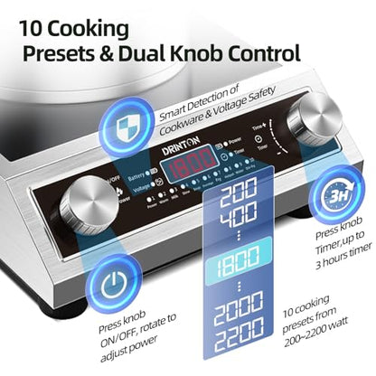 Induction Cooker, 2200W Commercial Induction Cooktop, Large Countertop Burner with 10 Cooking Functions & Dual IGBT for Safe Use, Portable Stainless Steel Hot Plate with 3 Hours Timer, 120V