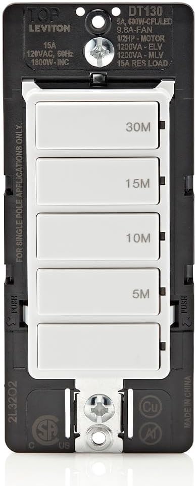 Leviton Countdown Timer Switch for Bathroom Fan and Household Lights,5-10-15-30 min,No Neutral Required,Single Pole,15A,1/2 HP/9.8A Fan/Motor,DT130-1LW,White,(Pack of 10) - size: 15 Amp (Pack of 10)