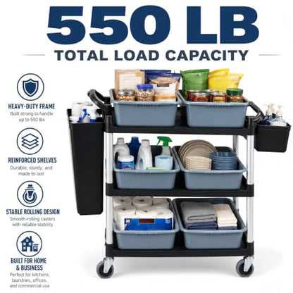 Storage Cart 3 Tier Heavy Duty Commercial Grade Utility Cart,Dish Cart for Restaurant,Multi-Function Mobile Shelving Unit Organizer for Hotel,Restaurant,Kitchen,Laundry Room with 6 Basin 2 Barrels - size: 40X20X38IN
