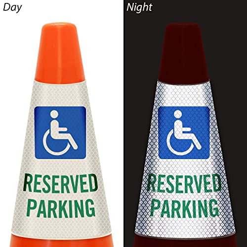 SmartSign 6-Pack Reflective Parking Cone Signs with ADA Wheelchair Symbol, 360 Visibility, Non-Adhesive Vinyl, 3-Side Print - color: Reserved Parking with Handicapped Symbol, size: Pack of 6