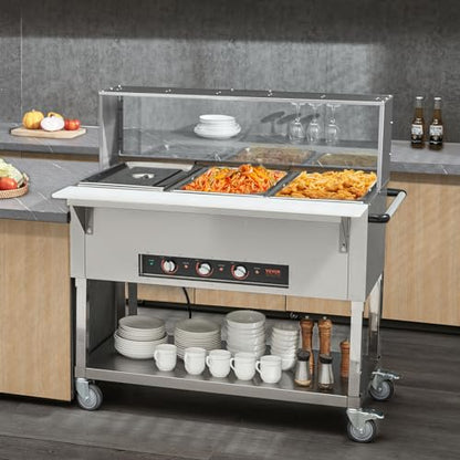VEVOR 3-Pan Commercial Food Warmer, 3 x 20.6QT Electric Steam Table, 1500W Professional Buffet Catering Food Warmer with Acrylic Sneeze Guard, Food Grade Stainless Steel Server for Party Restaurant - size: 3-Pan (72 QT)