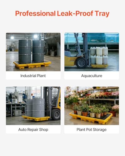 VEVOR Spill Containment Pallet, 2 Drum Low Profile Spill Containment Modular Platform, 21 Gallon Sump, 4409 lbs Load Capacity, Heavy-Duty Polyethylene Tray with Drain, 51.8" x 26.8" x 5.9", Yellow