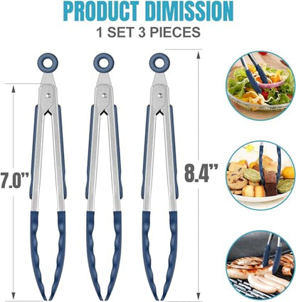 HOTEC Small Silicone Kitchen Tongs 7-Inch Mini Serving Tongs, Set of 3 - color: Classic Blue