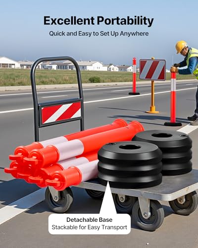 VEVOR 9 Pack Traffic Delineator Posts, 45 inches Traffic Safety Cones with Fillable Base and Reflective Strips, Heavy Duty Delineator Posts for Construction Site, Parking Lot, Crowd Control, Red