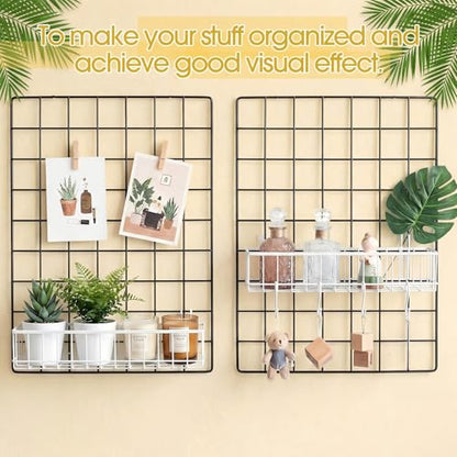 White 4 Pack Wire Baskets, Grid Wall Hanging Baskets, 16 S Hooks - color: White
